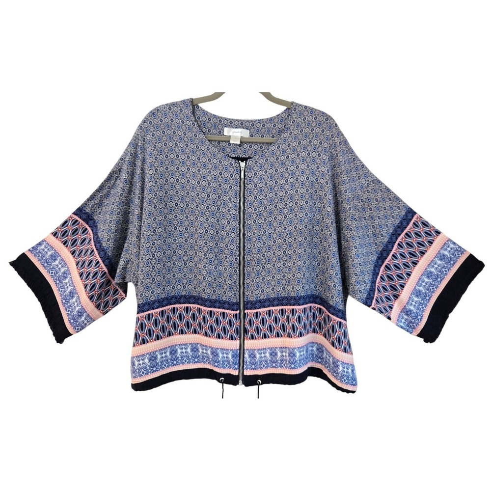 Vintage CJ Banks Boho Blue Coral Geometric Print Zip Front Kimono Top 1X Tassel